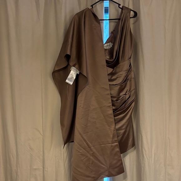 David's Bridal One-Shoulder Satin Dress champagne colored with matching sash - Picture 8 of 9